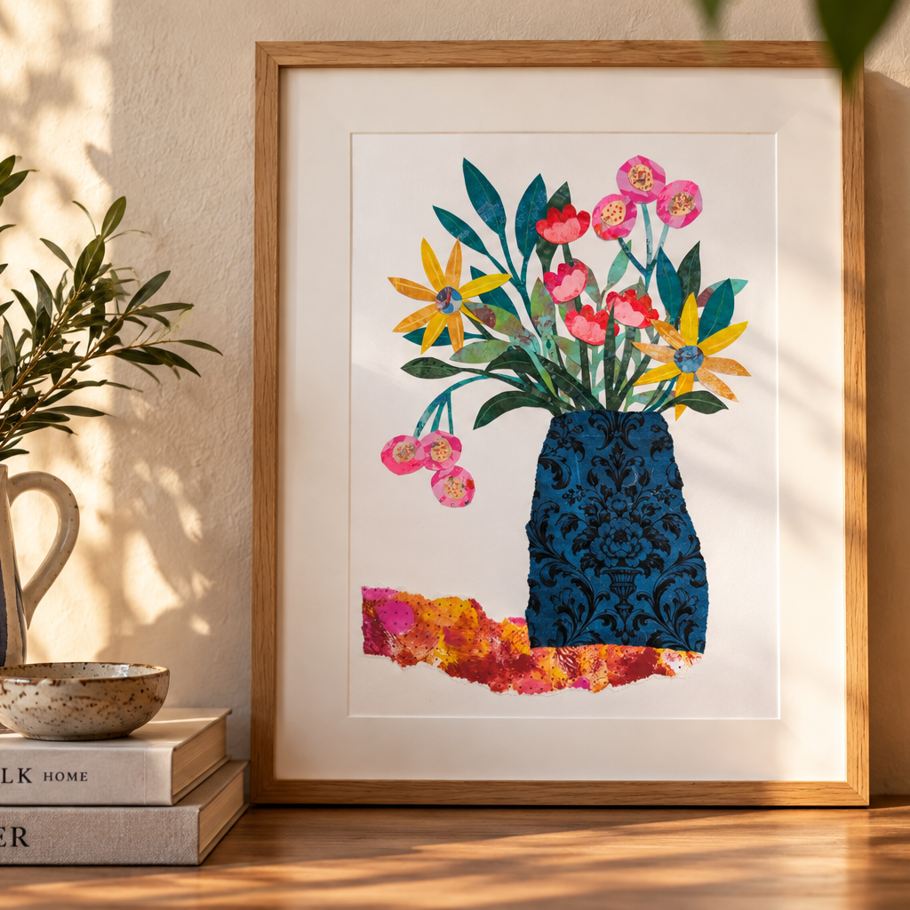 Originale Blumencollage – Mixed Media Kunst, florales Wandbild, bunte Blumen in blauer Vase, moderne Papiercollage, 21 × 30 cm