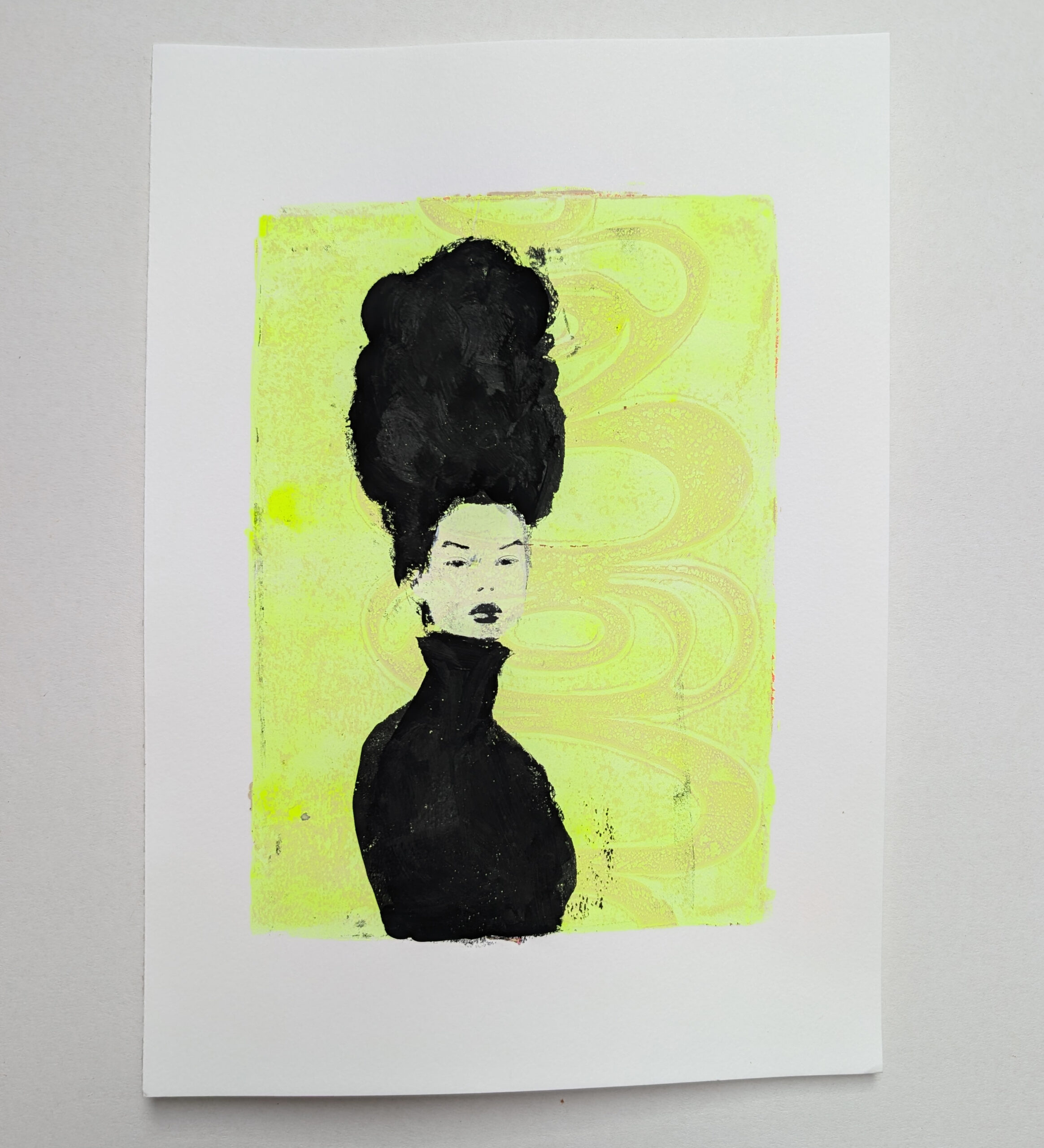 Fashion Portrait – Neon Gelb & Schwarz – Gelli Plate Mixed Media – A4 – Bild 6