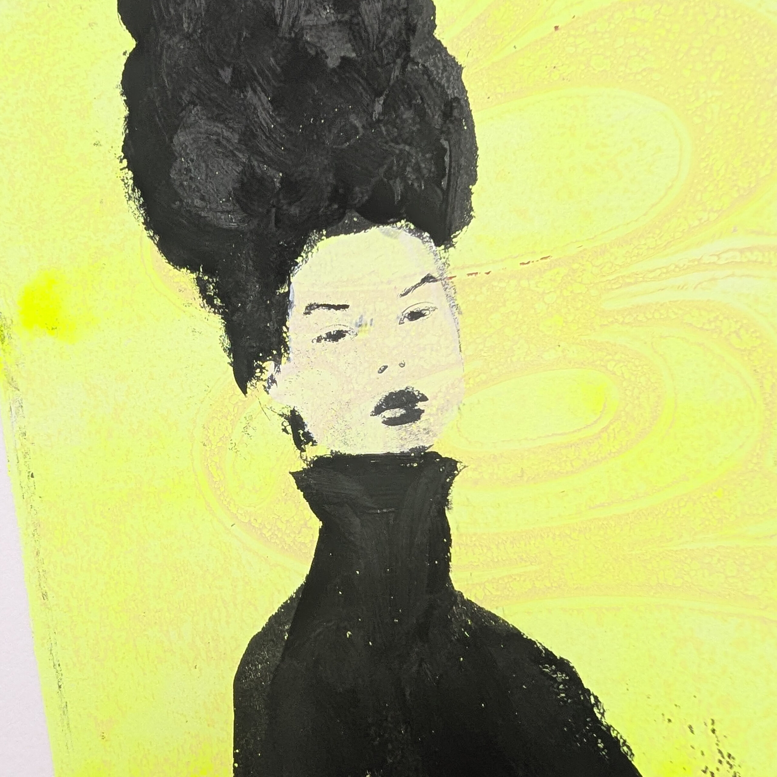 Fashion Portrait – Neon Gelb & Schwarz – Gelli Plate Mixed Media – A4 – Bild 7