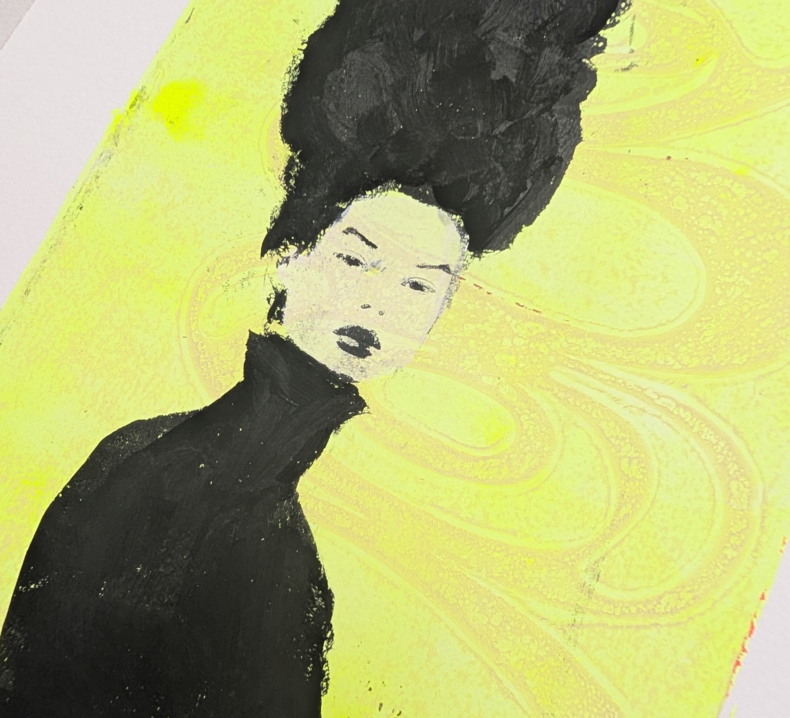 Fashion Portrait – Neon Gelb & Schwarz – Gelli Plate Mixed Media – A4 – Bild 8